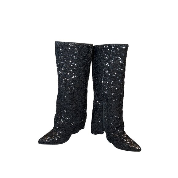 A New Day Abba Sequin Foldover Tall Boots in Black Size 8 NWOT - Picture 1 of 12
